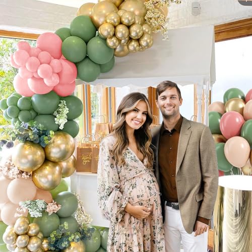 Image of 60pcs Pink and Green Balloons, 12 Inch Sage Green Dusty Pink Metallic Gold Nude Balloons with White Ribbon for Birthday Baby Shower Party Decorations