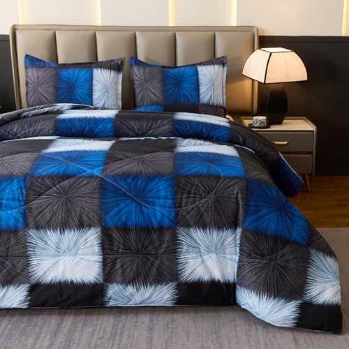 Image of Caressma Plaid Comforter Set Black and Navy Blue, Twin Size Black and White Checkered Comforter Bedding Set, Fluffy Black Grid Home Decor for All Seasons