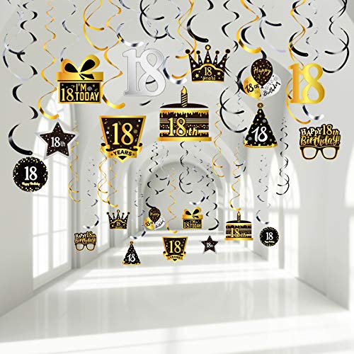 Blulu 30 Pieces Birthday Party Decorations, Birthday Party Hanging Swirls, Silver Black Golden Cake Glasses Balloons Sign Foil Swirls Ceiling Decorations for Boy and Girl (18th Style)