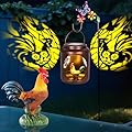 Rooster Patterns Metal Solar Lantern with Shepherds Hook and Resin Rooster Figurine Inside, Garden Gifts for Women Mom Grandma Hanging Solar Lights Decoration Outside for Yard, Patio, Porch