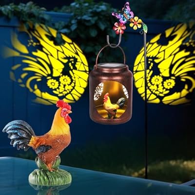 Rooster Patterns Metal Solar Lantern with Shepherds Hook and Resin Rooster Figurine Inside, Garden Gifts for Women Mom Grandma Hanging Solar Lights Decoration Outside for Yard, Patio, Porch