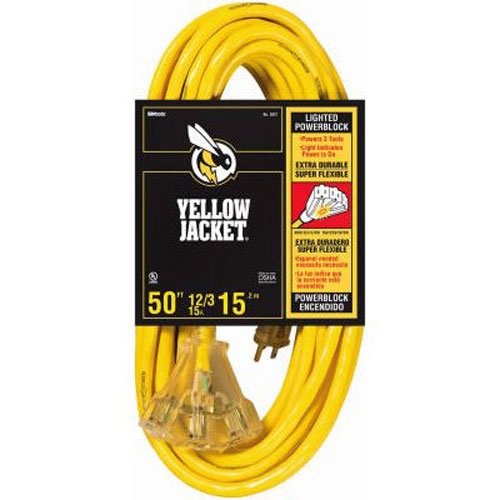 Woods Yellow 2827 12/3 15-Amp SJTW Contractor Power Block, Heavy Duty, Multi, Lighted Outlets, Weather Resistant Jacket, 50-Feet, Extension Cord, Foot
