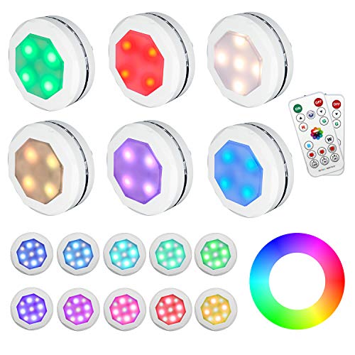 Puck Lights Battery Operated, Under Cabinet Lighting GANA 6 Pack Color Changing Puck Lights Under Cabinet Lighting Battery Powered Lights Puck Lights with Remote 16 Colors and 4 Modes Battery Lights