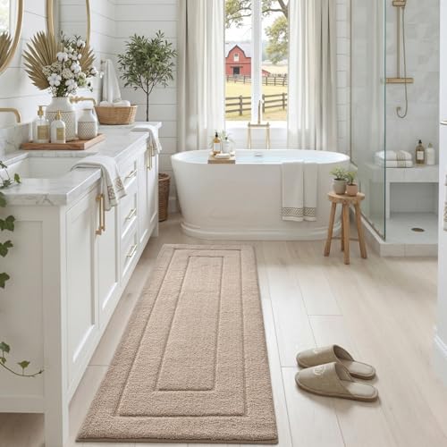 DEXI Badematte rutschfeste, weicher Mikrofaser Badezimmerteppich, saugfähiger Badteppich, maschinenwaschbar Badvorleger für Dusche, Badewanne und Toilette, Beige, 60 x 150 cm