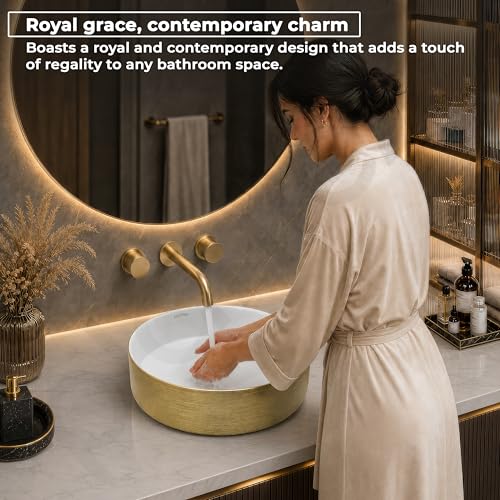 Image of Plantex Ceramic Table Top Wash Basin /Small Washbasin for Bathroom /Countertop Vessel Sink Basin(Gold&White -14 x14x5 Inch)