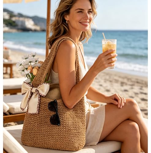 Bolso de Playa de Paja para Mujer Tote miniatura 2