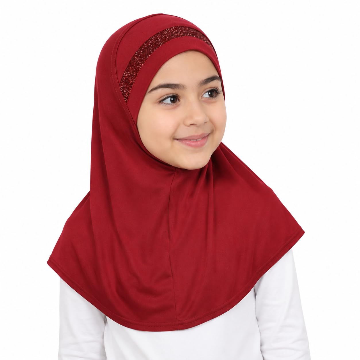 Yaqeen Girls instant headscarf hijab al Amira with glitter borde, readymade pull on scarf, ideal for any occassion school/nursery (Cherry)