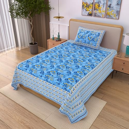 Image of 100% Cotton Single Bedsheet with 1 Pillow Cover | 240 TC Pure Cotton Flat Bed Sheet | Traditional Jaipuri Printed Bedding Set | Soft & Breathable | 60 x 90 Inch (Rangmahal Single 21)