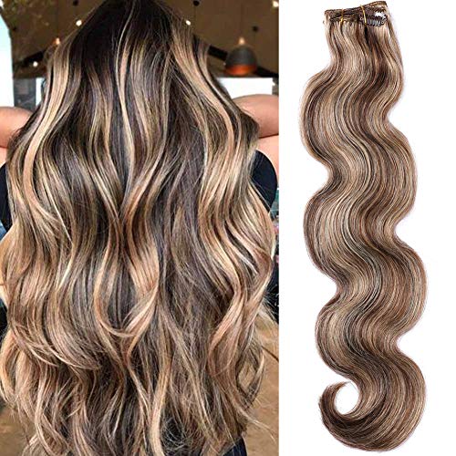 Balayage Hair Extensions Clip in 7pcs 70g Curly Remy Human Hair Extensions Medium Brown with Strawberry Blonde Highlights Body Wave Clip on Hair Extensions(20 inches, 4-27-bw)