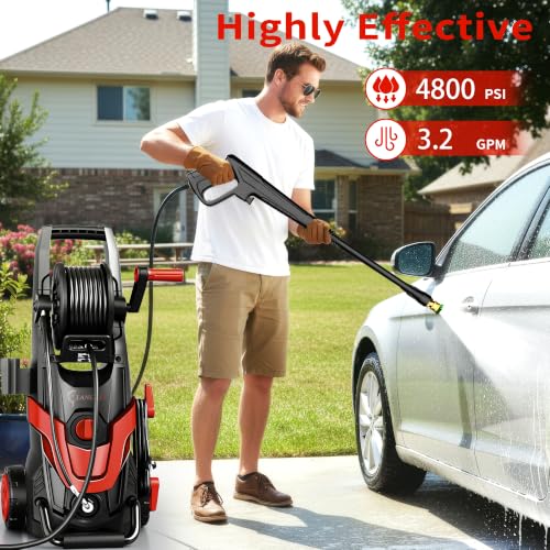 Image of 2026Upgraded Pressure Washer 4800PSI w /4 Quick Connect Nozzles, Inlet Hose & Filter&500ML Soap Tank, High Cleaning Machine for Cars /Fences /Driveways /Patios /Home Cleaning,Red