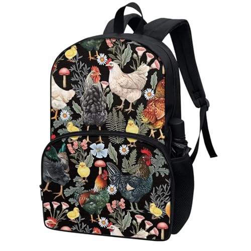 Cute 17 Inch Kids School Backpack for Girls with Front Pocket Padded Straps Nostalgic Chicken Rooster Backpack Girls Lightweight Print Bookbag Black Simple Style Student Daypack2