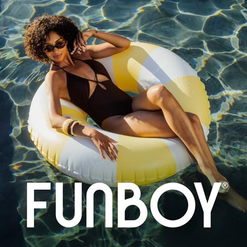 Image of FUNBOY Giant Yellow & Blue Stripe Inflatable Pool Float with Cup Holder, 48 inch Adult Inner Tube Swim Ring Pool Lounger
