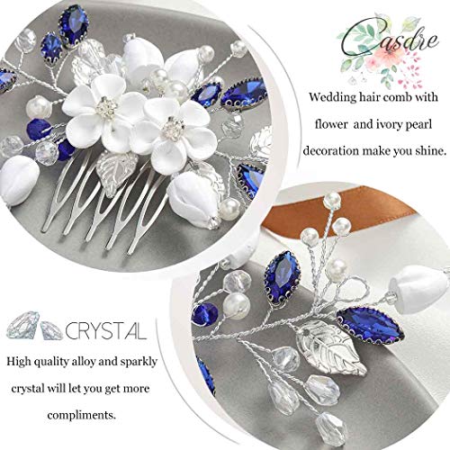 Casdre Blue Crystal Bride Wedding Hair Comb Silver Flower Bridal Hair Accessories Rhinestone Hair Piece For Women And Girls (A Blue) #TOP2