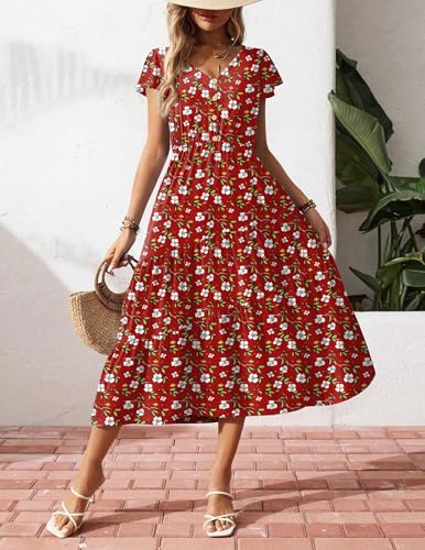 Image of Zeagoo Women's Summer Casual Dress Flutter Short Sleeve V Neck Button Down Tiered Flowy Long Dress with Pockets