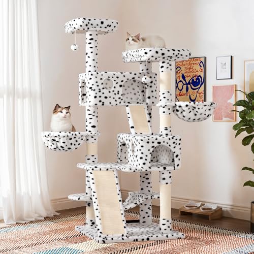 Image of SHA CERLIN 65in Larger Cat Tree Tower Condo for Indoor Kitties /Multi-Level Furniture Activity Center with Wide Base /Cozy Plush Perches /Baskets /Sisal Scratching Posts and Hammock /White & Black Spot