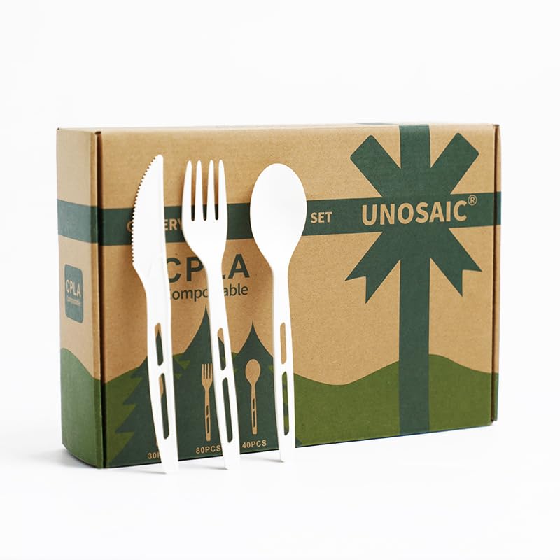 UNOSAIC 100% Compostable Cutlery Set - 150 Pieces Bulk (80 Forks, 40 Spoons, 30 Knives) | Eco-Friendly Disposable Utensils for Camping, Picnics, Parties, Restaurants & Events