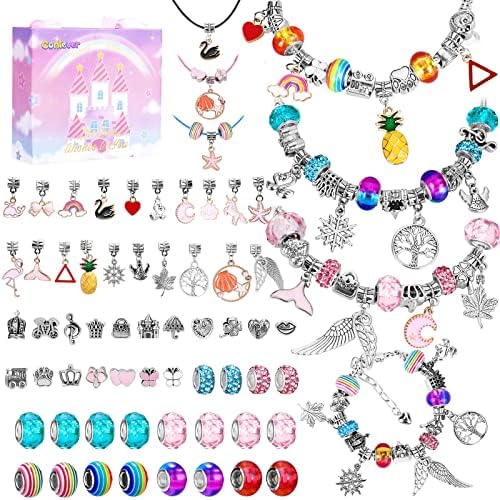 Charm Bracelet Making Kit, 65Pcs DIY Jewellery Making Sets for Girls, Jewellry Craft for Kids Teens Girls with Bracelet & Necklace Chains, Beads & Pendant, Jewelry Gifts for Birthday Day