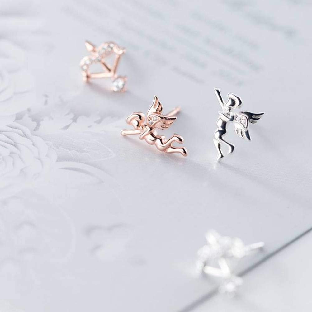 RWRAPS Ohrringe für Damen, S925 Silber Ohrringe Damen Asymmetrische Amor Engel Diamant Pfeil und Bogen Ohrringe Roségold