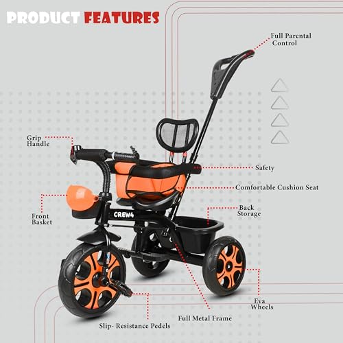 Image of Tricycle 1 Years to 5 Years with Removable Safety Guard and Parental Control Back Side Push Handle with Rubber Tyre for Kid's CR07 (Orange 4)