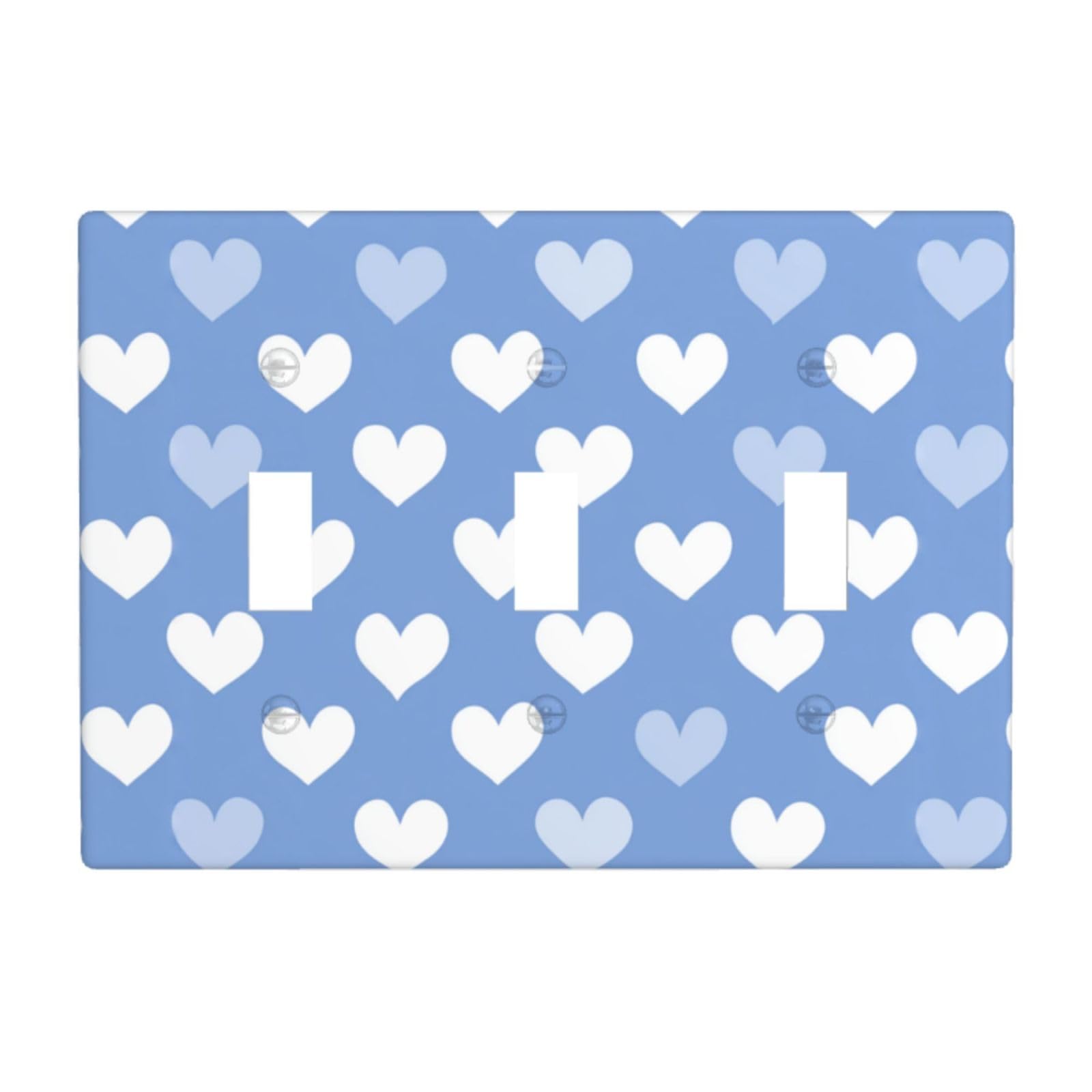 Cute White Heart On Blue Light Switch Covers 3 Gang Triple Toggle Wall Plate Switchplate Electrical Faceplate for Bathroom Kitchen Bedroom Decor