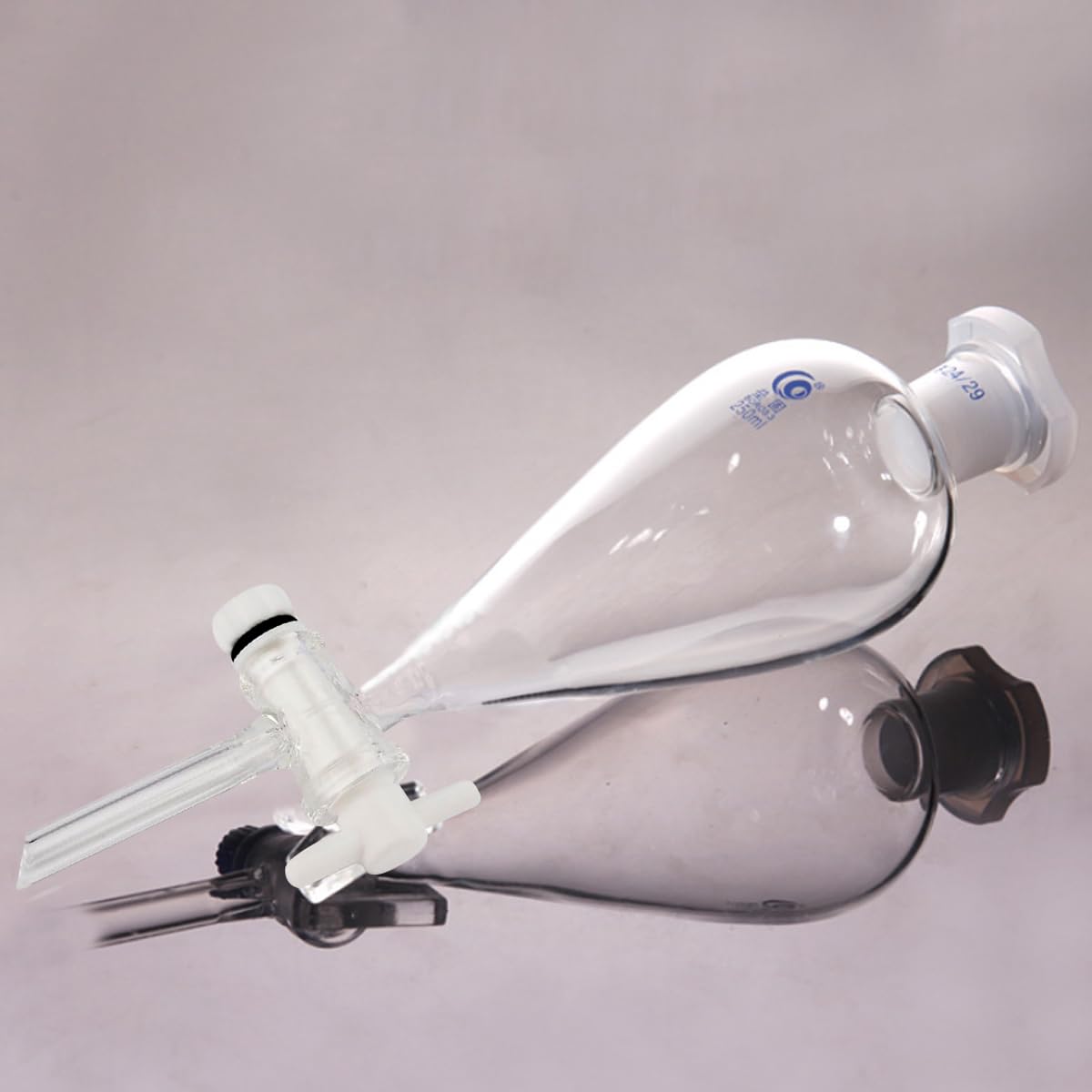 Embudo de separación de laboratorio de válvula de grifo de politetrafluoroen embudo de separación cónico en forma de pera de pared gruesa de vidrio de borosilicato (250ml)