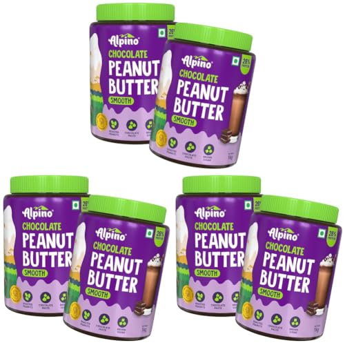 Image of ALPINO Chocolate Peanut Butter Smooth 2kg (1kg Pack of 6) - Roasted Peanuts, Brown Sugar & Sea Salt - 26% Protein, Source of Healthy Fats