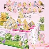 Picture of Pink Classic Winnie Baby Shower Decorations Kit, All-in-1 Vintage Winnie Party Supplies Decorations, Classic The Pooh Backdrop Cake Topper, Winnie Baby Tablecloth Honeycomb Decorations for Baby Shower