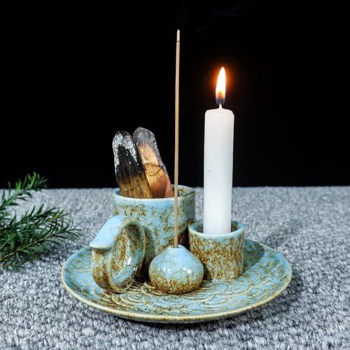 MOUGIGI 5-in-1 Ceramic Palo Santo Burner Holder Blue -Small Candle Holder & Smudge Burning Tray Bowl Fits Incense Sticks/Cones Sage.Zen Altar for Meditation Room Aromatic Scents Matches Compatible