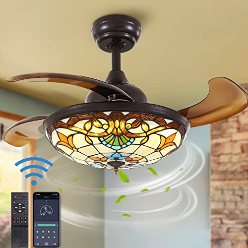Siljoy Tiffany Style Ceiling Fan Remote & App Control Retractable Ceiling Fan Lighting 36" Stained Invisible Ceiling Fan Fandelier With Lights 3 Colors/6 Speeds Fan For Bedroom Dining Living Room #TOP18