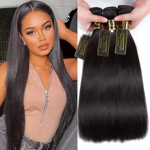 QTHAIR 16A Straight Human Hair Bundles(18 20 22,300g,Natural Black) 100% Unprocessed Human Hair Extensions Indian Straight Virgin Human Hair Bundles