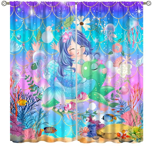 Mermaid Curtains for Girls Fantasy Colorful Underwater World Cartoon Cute Mermaid Turtle Princess Flowers Jellyfish Window Treatments for Kids Nursery Bedroom Living Room W42xL45in（No Blackout）