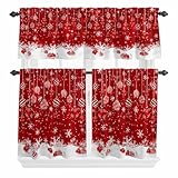 CosyBright Christmas Kitchen Curtains Tiers and Valances Set 3 PCS, Red Christmas Ball Snowflake Sparkle Snow Red Short Window Treatment Tiers 24 inch, Xmas Rod Pocket Window Curtains Set for Bedroom