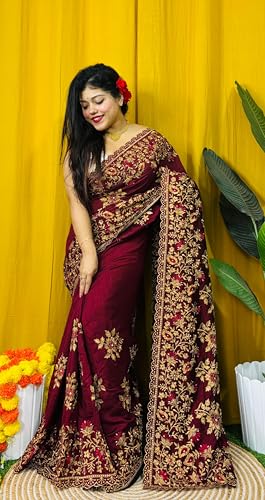 Generic maroon stone work silk saree – image 3