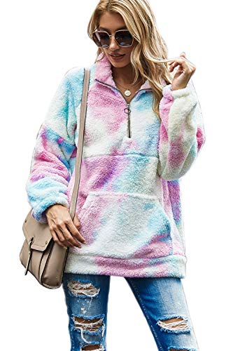 Voqeen Mujer Sudaderas con Teñido Anudado Collar del Soporte Pullover de Vellón Difuso de Manga Larga Jersey de Color de Contraste con Cremallera de 1/4 Abrigo Outwear Tops con Bolsillos Cover