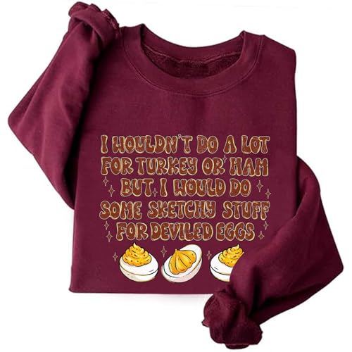 Image of TONGCHEN Funny Deviled Eggs Sweatshirt Women Turkey Shirt Food Lover Holiday Long Sleeve Pullover Thanksgiving (US, Alpha, Large, Regular, Regular, Wine Red)