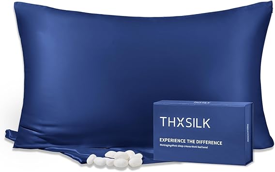 THXSILK 25mm 100% Pure Mulberry 6A+ Silk Pillowcase for Hair & Skin with Zipper Closure, Cooling, Natural, Organic, Double Sided Silk Pillow Case with Gift BoxNavy Blue, Queen 20"x30", 1pc