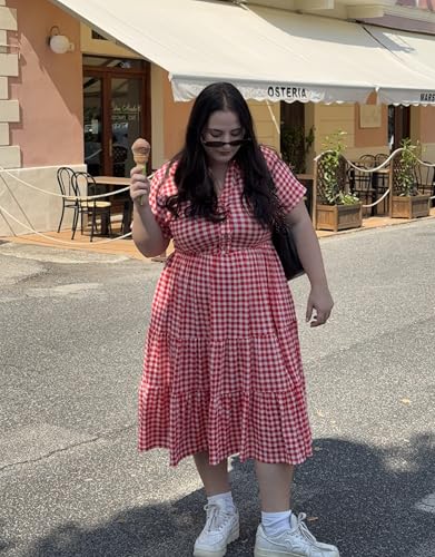 Image of CARCOS Plus Size Dresses for Curvy Women Collared Vneck Short Sleeve Dresses Midi Summer Ruffle Dress with Pocket XL-5XL