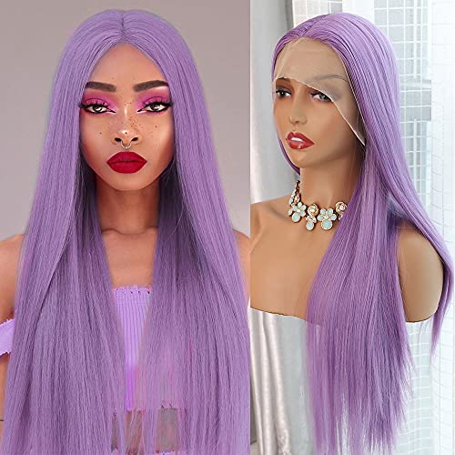 Nnzes Purple Lace Front Wig Synthetic Long Straight Purple Lace Wigs for Women Light Purple Color Middle Part Purple Hair Wig for Cosplay Halloween