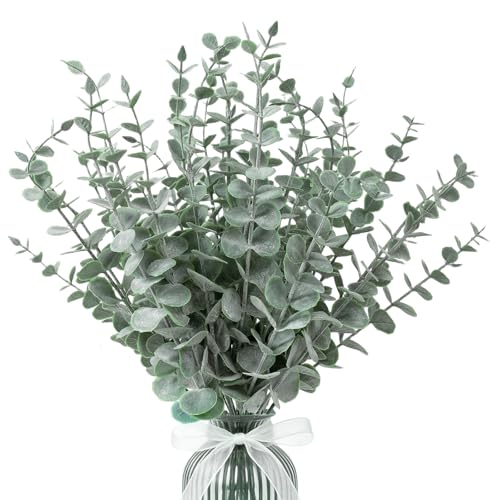 Flying Pottery 30Pcs Hojas de Eucalipto Artificiales Decoración, Eucalipto Artificial Tallos, Ramas Eucaliptos Verdes con Escarcha, para Decoración Bodas, Ramos de Flores y Centros de Mesa (Verde)