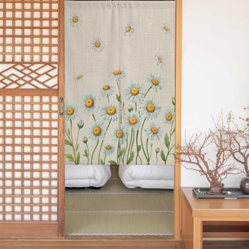 Sauoromeon のれん カーテン 幅75x丈90cm 厚手 遮光 暖簾 ドアカーテン 仕切り 目隠し 通気性 和風 おしゃれ フラット リング対応 ひも付き 麻布柄 花 春 水彩調 勝手口 玄関 キッチン リビング 春夏秋冬