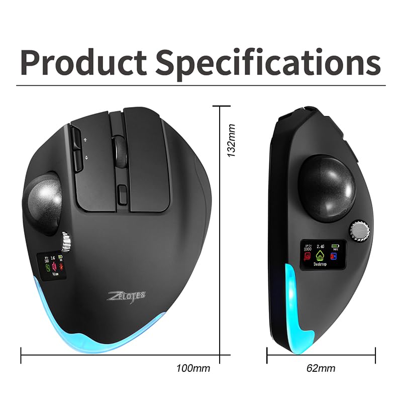 Image of Wireless Mouse - 2.4GHz + Bluetooth Dual Mode Connection, 8 Programmable Buttons, 8000 CPI Adjustable, Trackball Design, with Display Screen, Ergonomic Tilt Angle, For Windows, macOS, Android, Linux