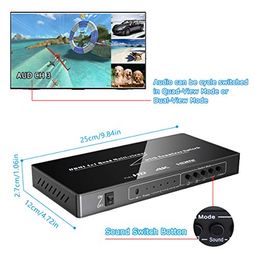 Iseebiz 4K HDMI Multi-Viewer, 4K@30Hz 2K@60Hz 4 in 1 Out HDMI Screen Splitter with Sound Switch 4 Modes, Seamless Switch for Gaming, Exhibition Hall, Video Meeting, Surveillance, Display Mall etc. - Thumbnail 6