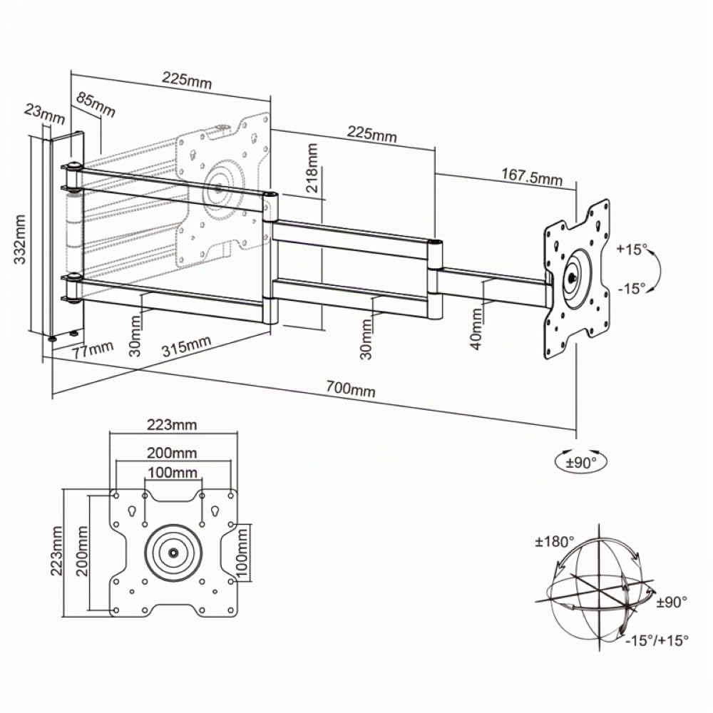 Soporte de Pared para TV XTRARM Axis XL de 70 cm, Distancia 70 cm, extensión, Giro, rotación, inclinación, 24-55 Pulgadas 25 kg, VESA 200x200