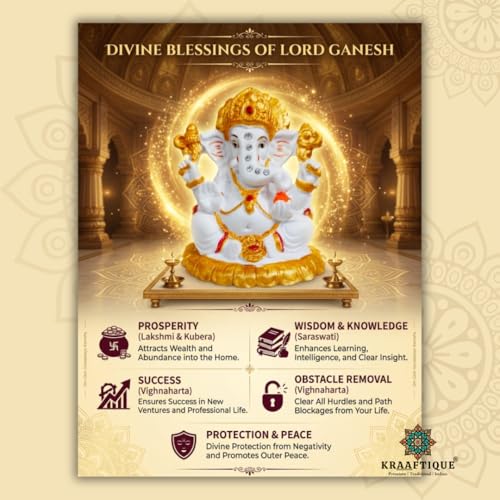 Image of Marble Finish Lord Ganesh Idol for Home Temple | Ganpati Bappa Murti with Stone Work | Ganesh Ji Statue for Puja Room, Office Desk, Car Dashboard | Diwali Gift, Housewarming Decor