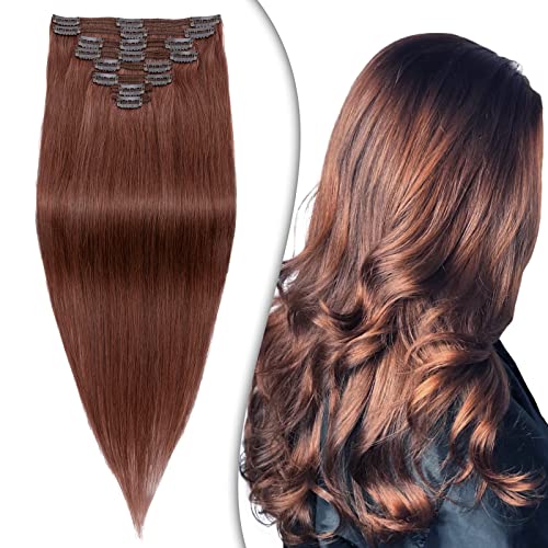 Hairro Clip In Hair Extensions Human Hair Remy Auburn Hair Clip Ins For Women Double Weft Thick Natural Clip On Hairpieces 8 pcs 18 Clips Full Head Clip-in Real Hair 20" 150g #33 Dark Auburn
