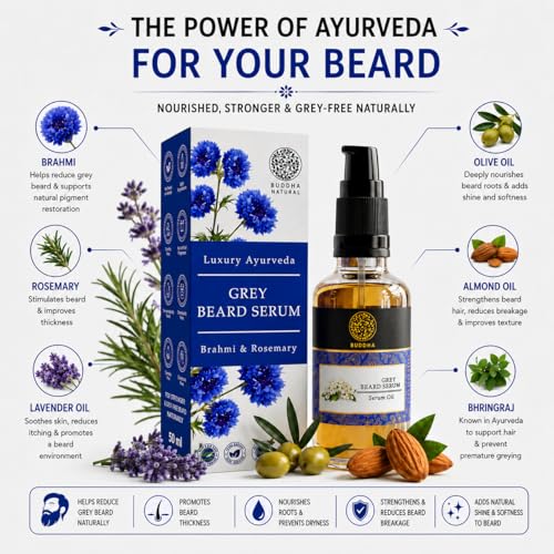 Image of Buddha Natural Grey Beard Serum Oil for Men | Helps Reduce Grey Beard Appearance & Supports Natural Black Beard Look | Beard Nourishing Serum with Argan, Brahmi & Castor | Non Sticky Beard Care Oil - 25ml
