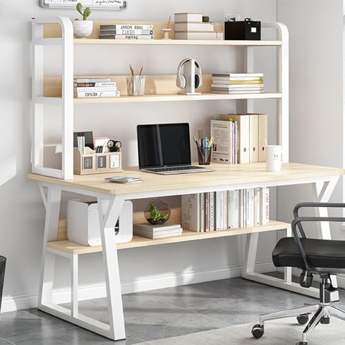Scrivania moderna per computer con libreria, design salvaspazio con ripiani aperti, tavolo da studio e scrittura, tavolo in legno con struttura in metallo, postazione di lavoro per casa e ufficio (80