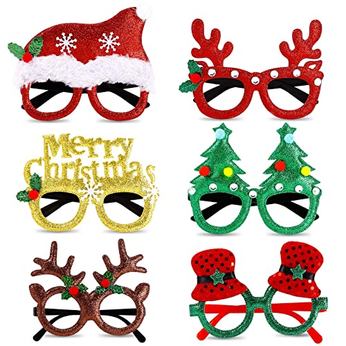 6 Stück Weihnachtsbrille Glitzer Party Brille ​Rahmen Weihnachtsdekoration Brille für Weihnachtsfeiern Neujahr Gastgeschenke Fotokabine Cover