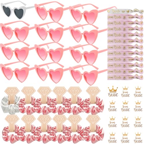 💖 【48 pezzi Combinazione ideale per spose e damigelle】: riceverai 12 pezzi di occhiali da sole a forma di cuore, 12 pezzi Fascetta per capelli da sposa, 12 pezzi di braccialetti, 12 pezzi di adesivi.