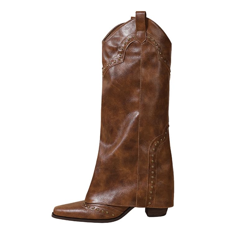 Knee High Boots Women Leather Fold Over Block Heel Boot Fashion Studded Non-Slip Pointed Toe Slouch Shoes